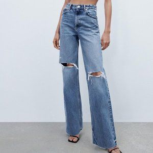 Zara High Rise Wide Leg Ripped Jeans Medium Wash